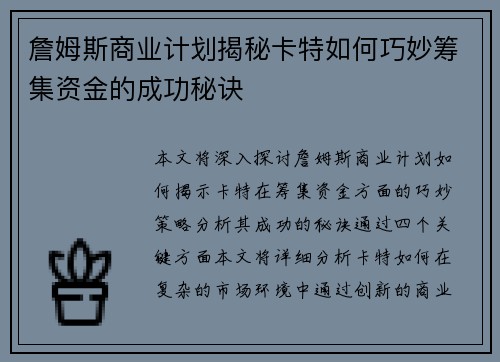 詹姆斯商业计划揭秘卡特如何巧妙筹集资金的成功秘诀